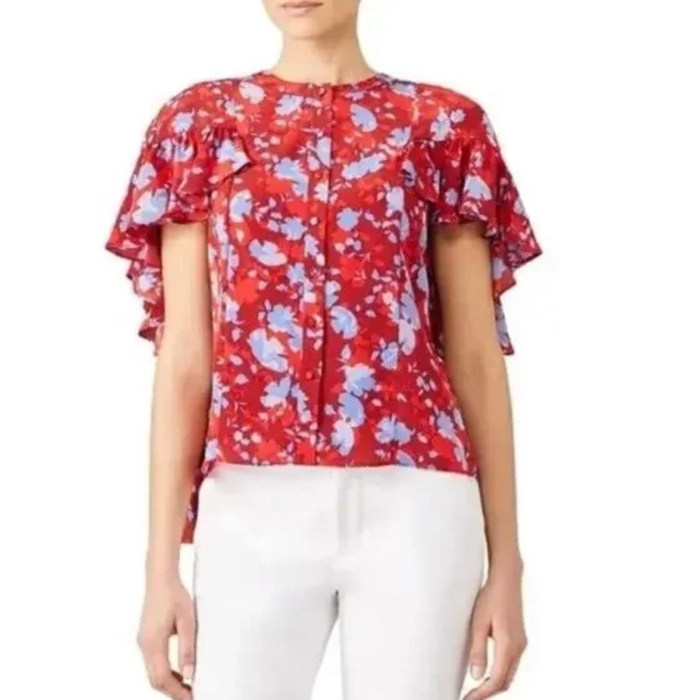 ALEXIS Danijela red & blue silk Floral cape blouse with ruffles | size xs